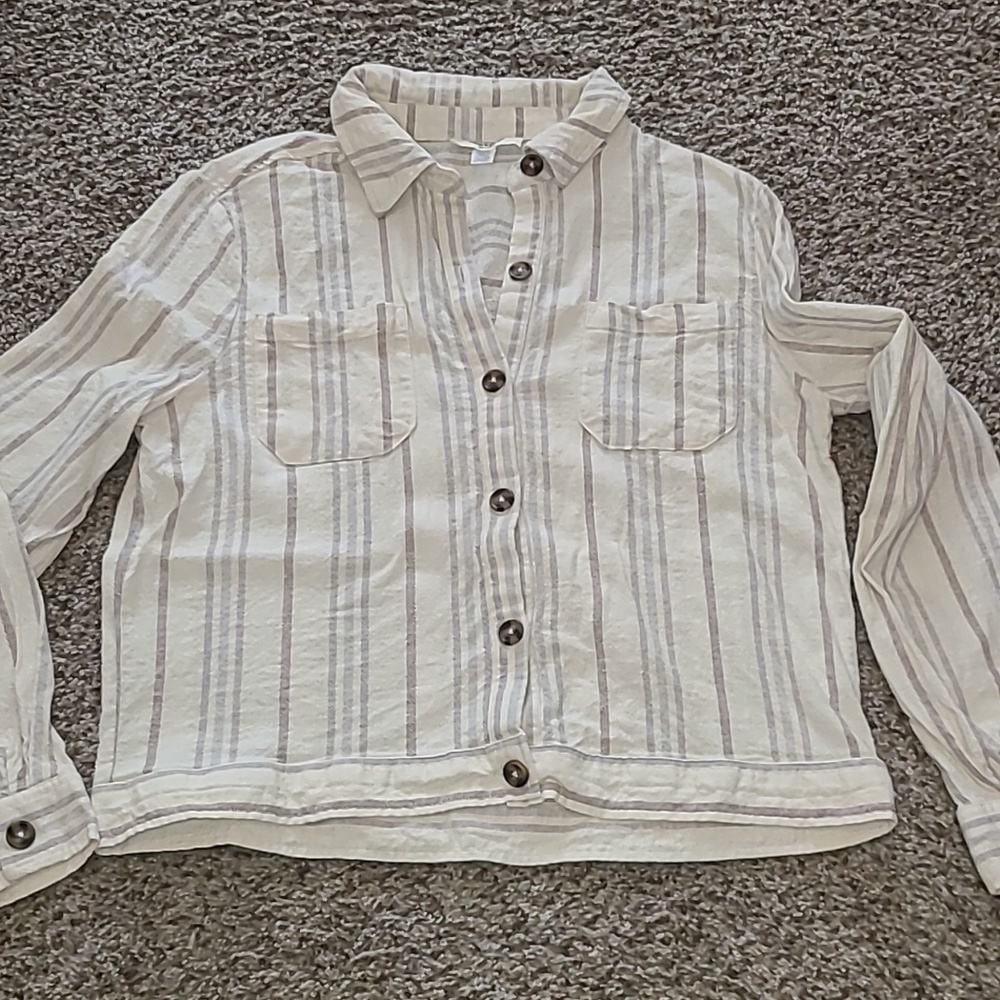 Cable & Gauge Cream and Gray Striped Linen Blend Top